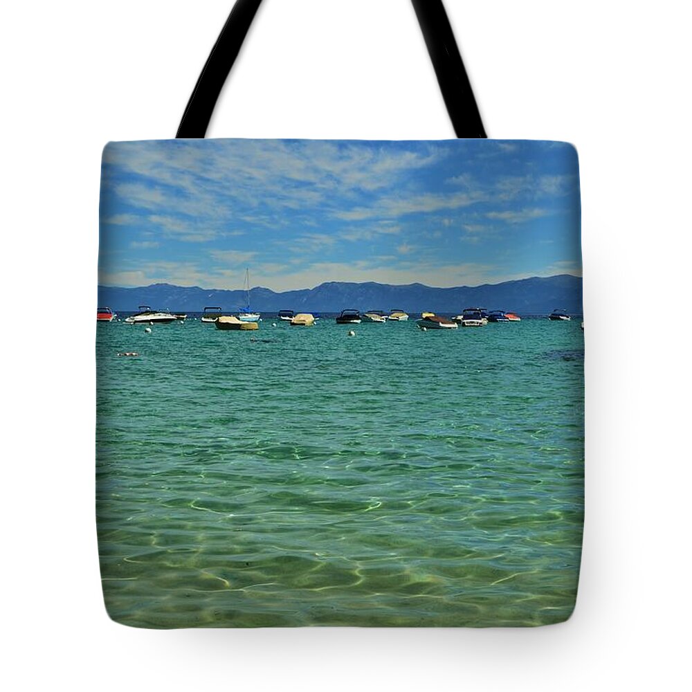 Lake Tahoe Tote Bag featuring the photograph Boating on Clear Lake Tahoe by Marilyn MacCrakin