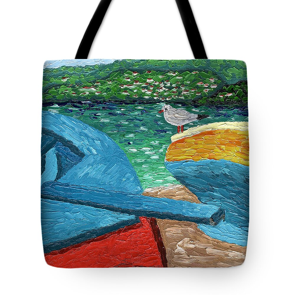 Seascape Tote Bag featuring the painting Boats and Bird at Rest by Laura Forde