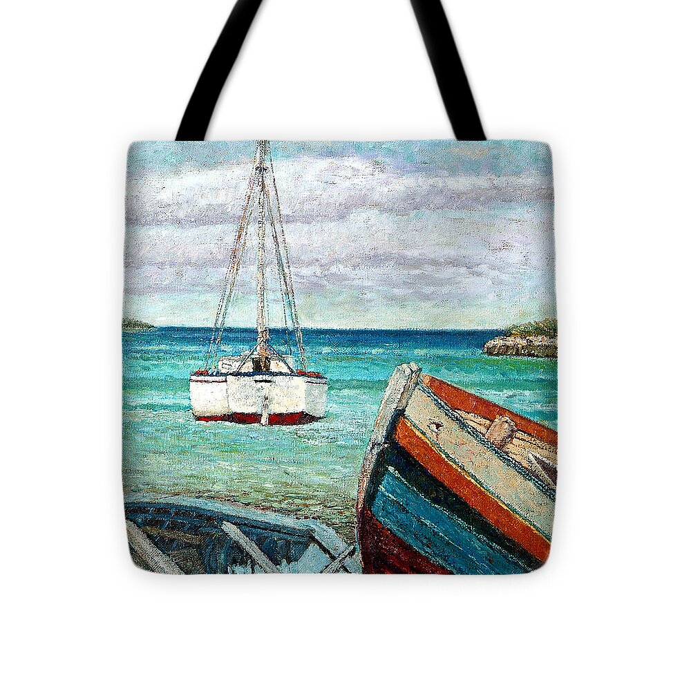Boats By The Bay Tote Bag featuring the painting Boats By The Bay by Ritchie Eyma