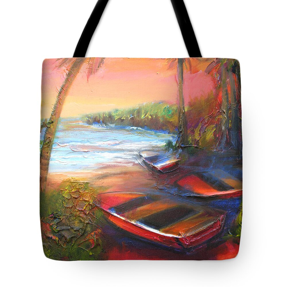 Beach Tote Bag featuring the painting Boats by the Sea by Cynthia McLean
