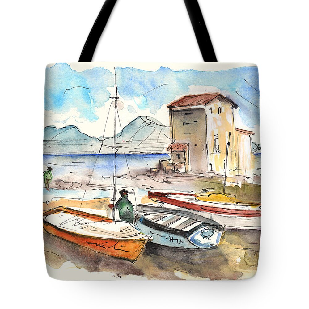 Travel Tote Bag featuring the painting Boats in Santa Elia by Miki De Goodaboom