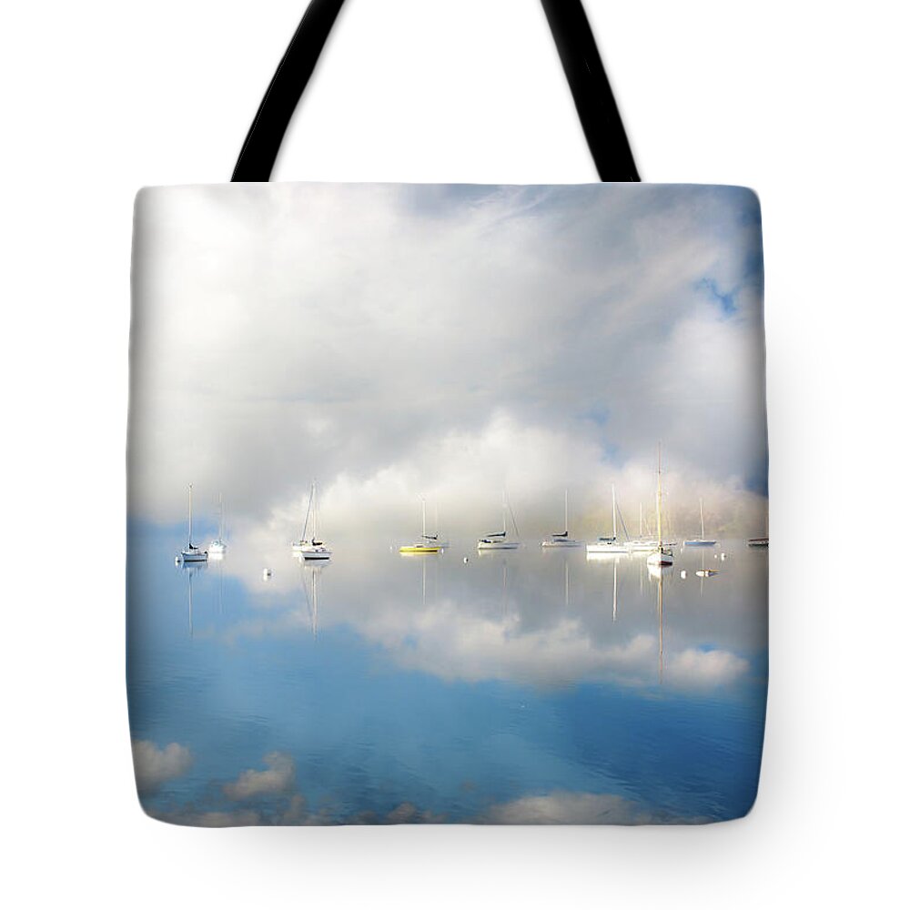Outdoors Tote Bag featuring the photograph Boats Moored On Lake Windermere by Rory Mcdonald