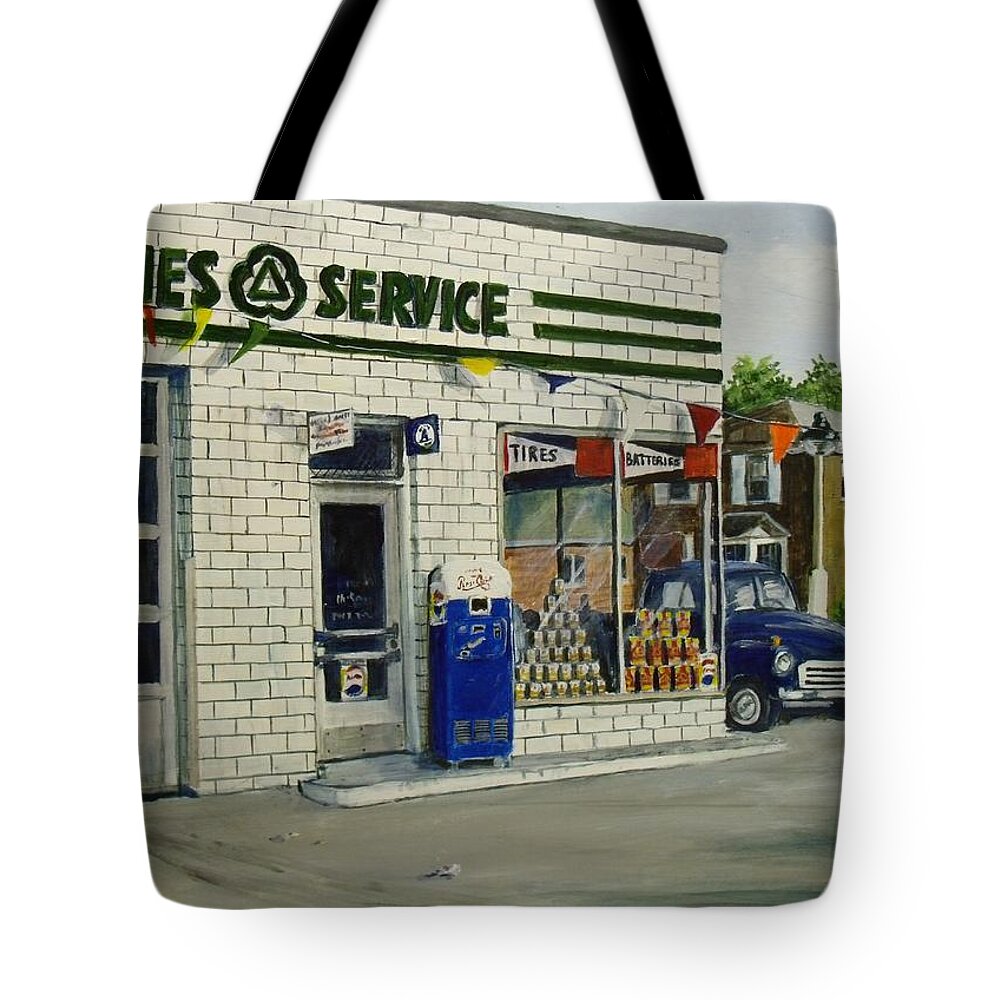 Gas Station Tote Bag featuring the painting Bob's by William Brody