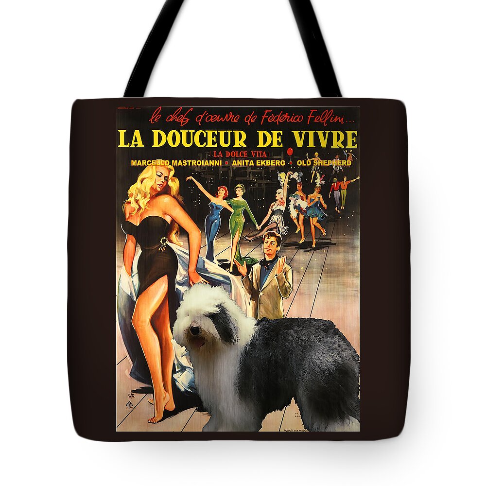 Oes Tote Bag featuring the painting Bobtail - Old English Sheepdog Art Canvas Print - La Dolce Vita Movie Poster by Sandra Sij