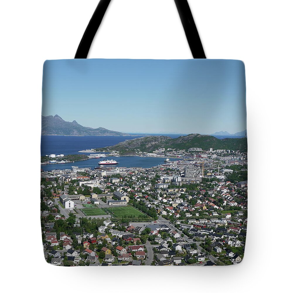 Tranquility Tote Bag featuring the photograph Bodø Airial View, North Norway by Monica Mostue