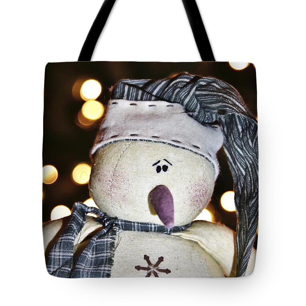Maine Tote Bag featuring the photograph Bokeh Snowman by Karin Pinkham
