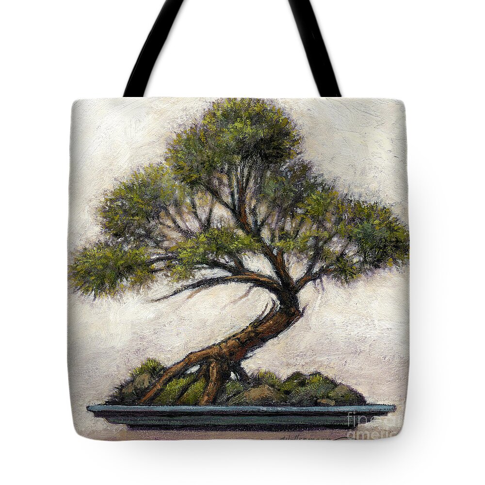 Bonsai Tote Bag featuring the painting Bonsai Cedar by Randy Wollenmann