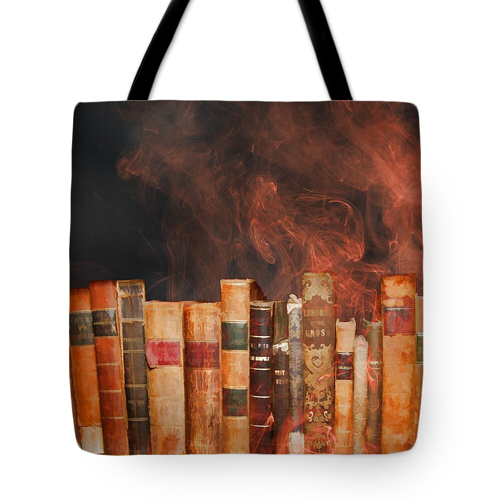 Fahrenheit 451 Tote Bag featuring the photograph Book Burning Inspired by Fahrenheit 451 by John Haldane