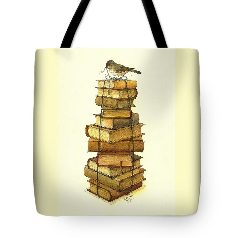 Books Greeting Cards Birds Tote Bag featuring the painting Books and little Bird by Kestutis Kasparavicius