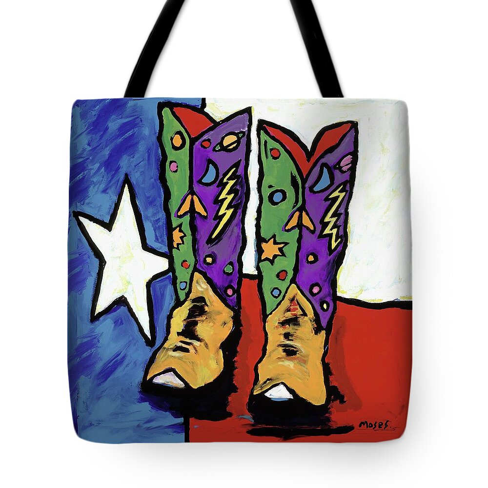 Texas Art Tote Bag featuring the painting Boots On A Texas Flag by Dale Moses
