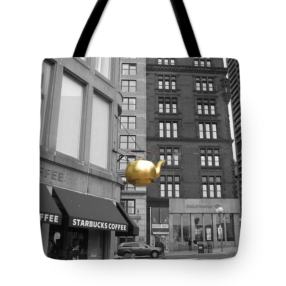 Boston Tote Bag featuring the photograph Boston Golden Teapot by Cheryl Del Toro