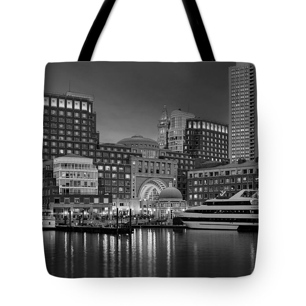 Boston Tote Bag featuring the photograph Boston Harbor Skyline and Financial District BW by Susan Candelario