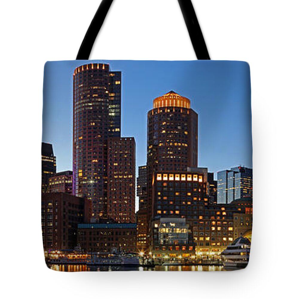 Boston Tote Bag featuring the photograph Boston Skyline Night Panorama by Juergen Roth
