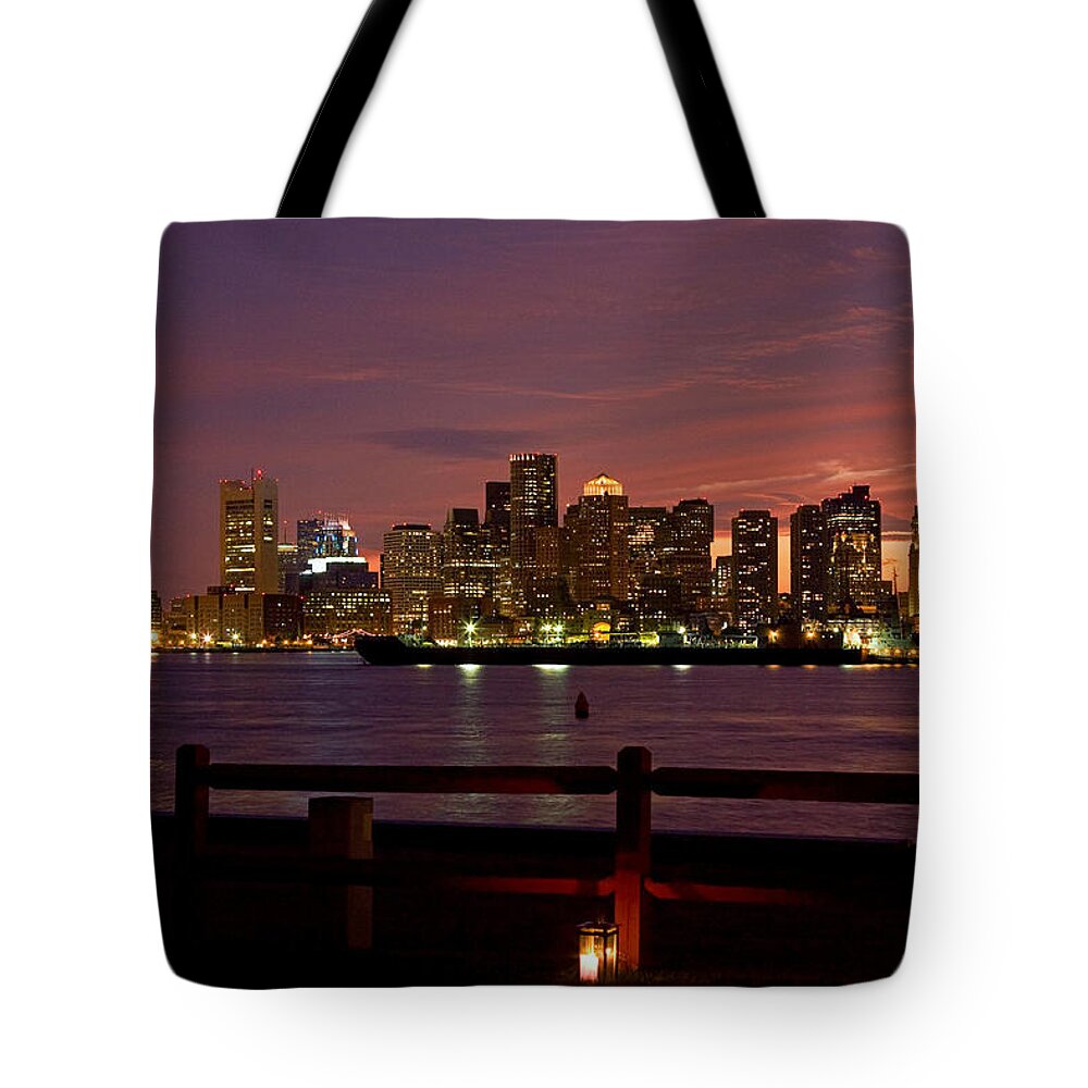 Boston Harbor Tote Bag featuring the photograph Boston skyline sunset by Jeff Folger