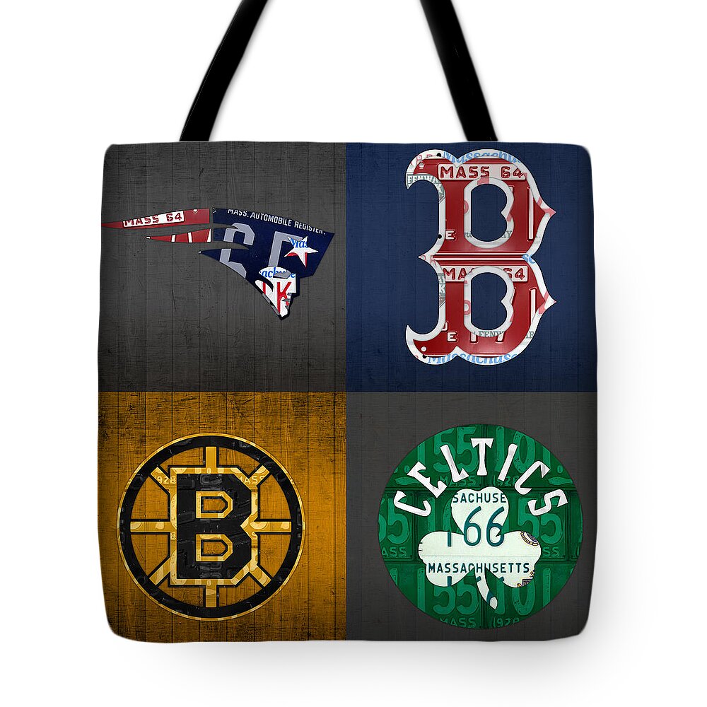 #faatoppicks Tote Bag featuring the mixed media Boston Sports Fan Recycled Vintage Massachusetts License Plate Art Patriots Red Sox Bruins Celtics by Design Turnpike