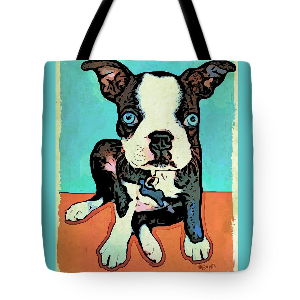 Rebecca Korpita Tote Bag featuring the digital art Boston Terrier - Blue by Rebecca Korpita