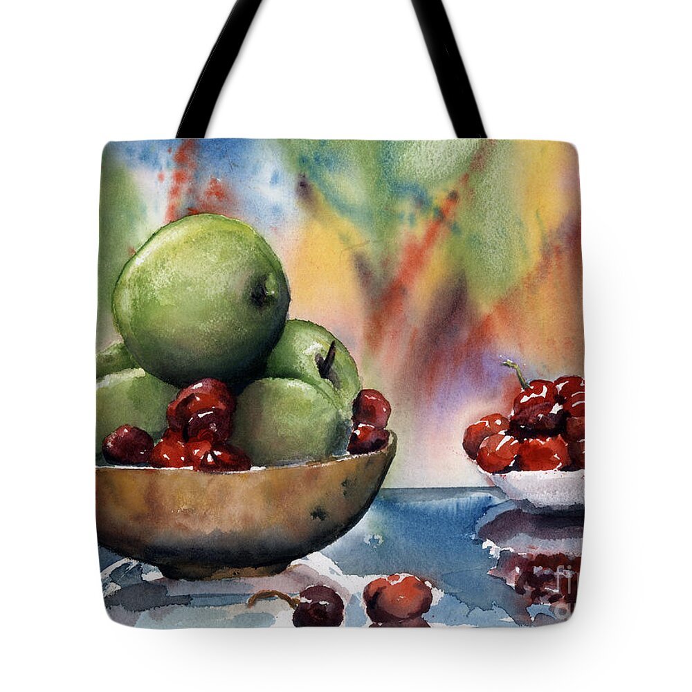 Apples And Cherries Tote Bag featuring the painting Apples in a Wooden Bowl With Cherries on the Side by Maria Hunt