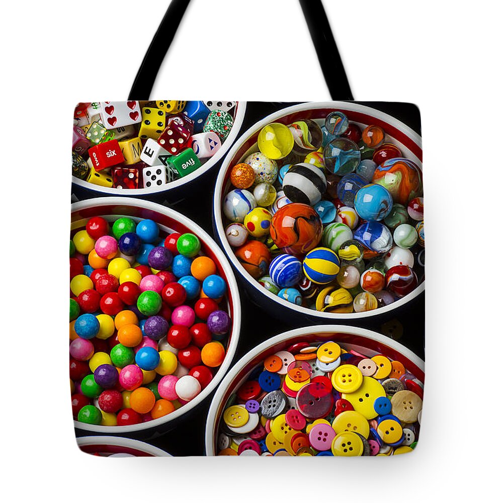 Bowls Tote Bag featuring the photograph Bowls of buttons and marbles by Garry Gay