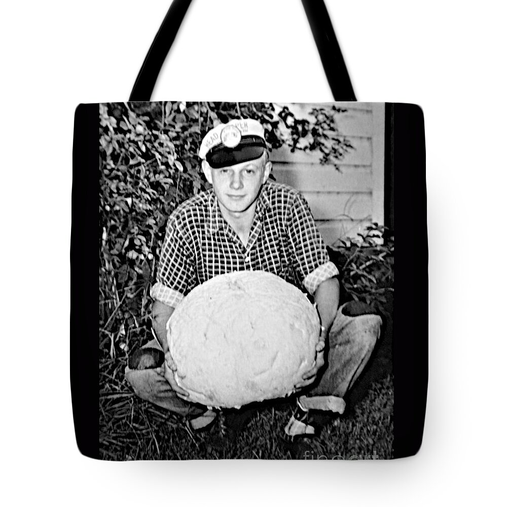 Puffball;calvatia Gigantic;edible;mushroom;gigantic Puffball;to Eat; Commonly Found In Meadows Tote Bag featuring the painting Boy and Puffball by Linda Simon