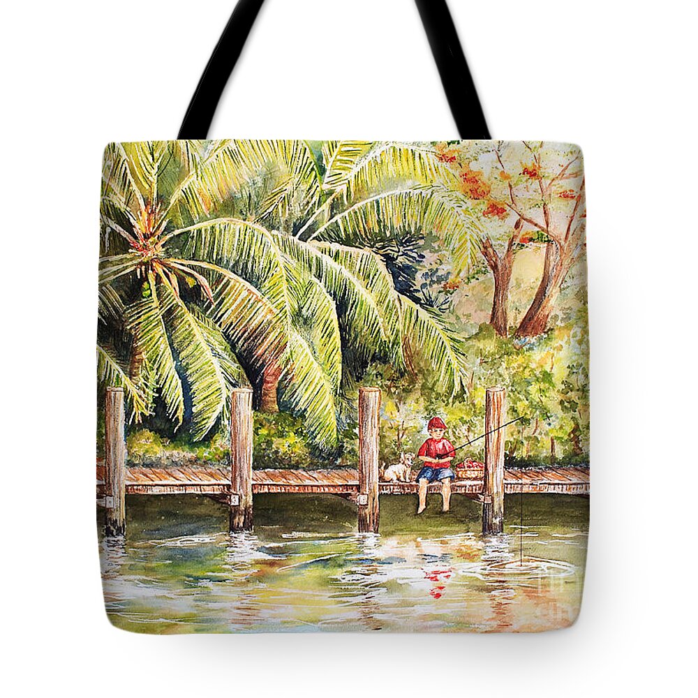Ft Lauderdale Tote Bag featuring the painting Boy Fishing with Dog by Janis Lee Colon
