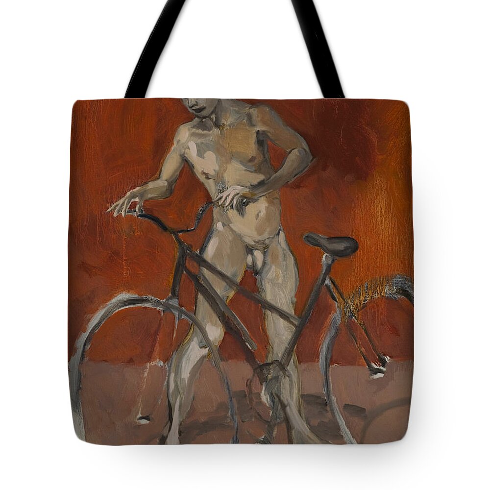 Boy Tote Bag featuring the painting Boy with bicycle red oxide by Peregrine Roskilly