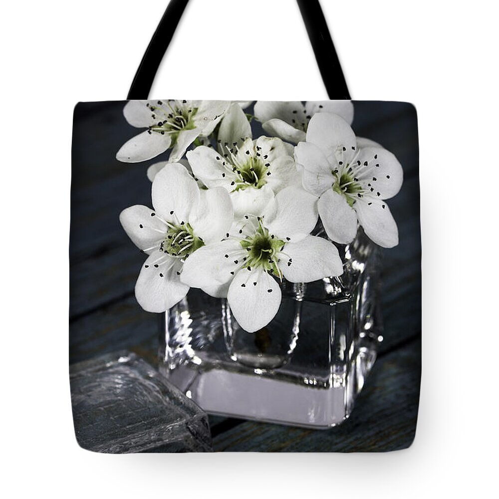 Bradford Tote Bag featuring the photograph Bradford Pear Posey in Inkwell by Betty Denise