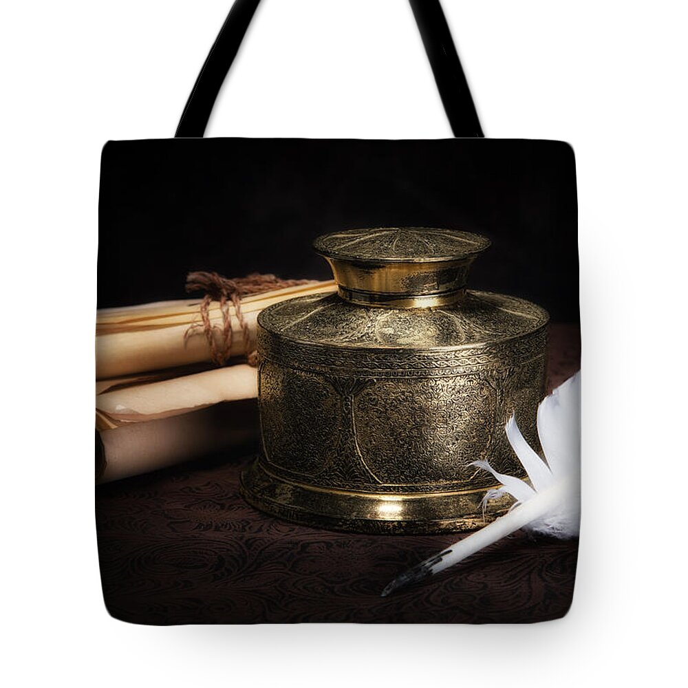 Antique Tote Bag featuring the photograph Brass Inkwell Still Life by Tom Mc Nemar