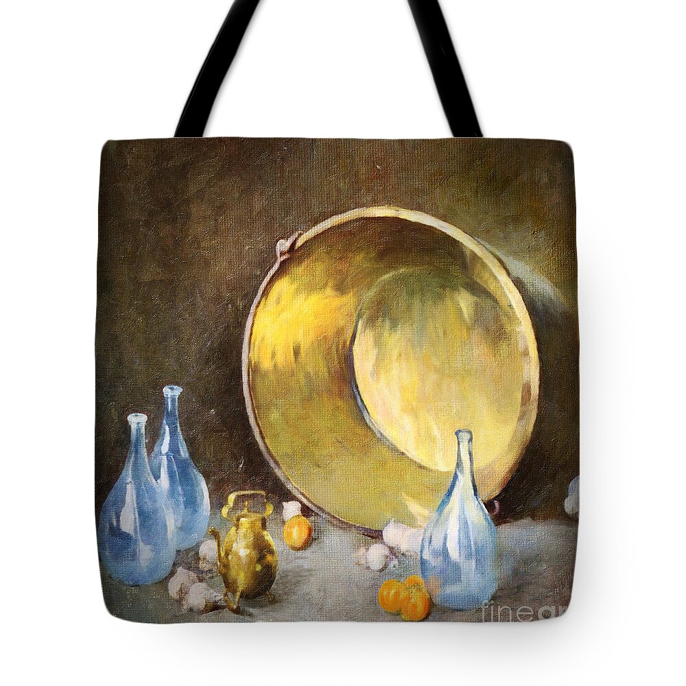Still Life Tote Bag featuring the digital art Brass Kettle with Blue Bottles After Carlsen by Lianne Schneider