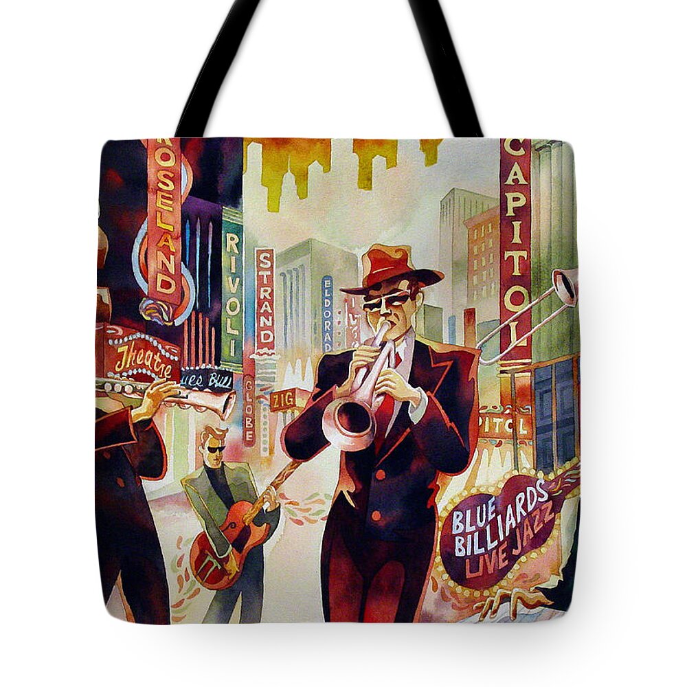 Watercolor Tote Bag featuring the painting Brass on Broadway by Mick Williams