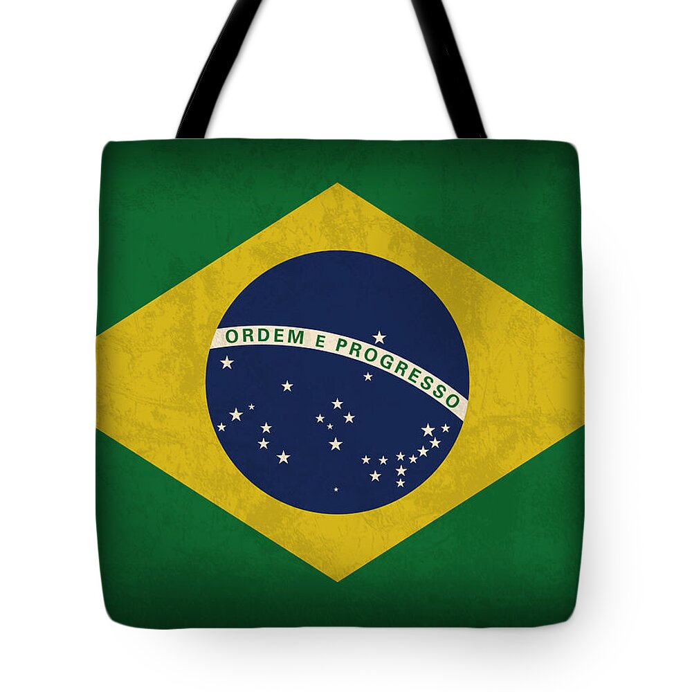 Brazil Flag Tote Bag featuring the mixed media Brazil Flag Vintage Distressed Finish by Design Turnpike