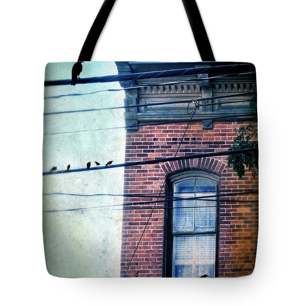 House Tote Bag featuring the photograph Brick Building Birds on Wires by Jill Battaglia