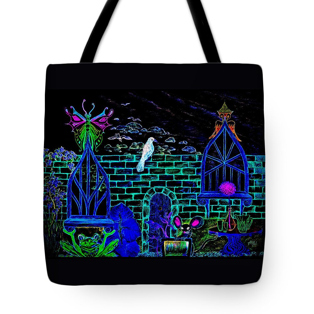 Adria Trail Tote Bag featuring the mixed media Brick Wall in the Moonlight by Adria Trail
