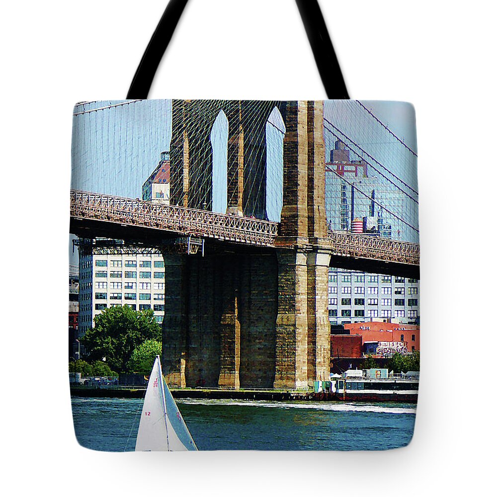 Boat Tote Bag featuring the photograph Bridge - Sailboat by the Brooklyn Bridge by Susan Savad