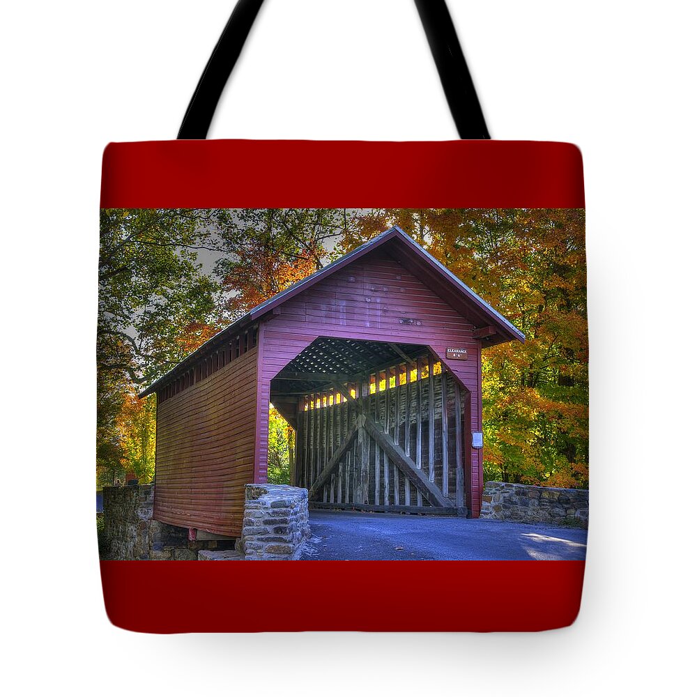 Roddy Road Covered Bridge Tote Bag featuring the photograph Bridge to the Past Roddy Road Covered Bridge-A1 Autumn Frederick County Maryland by Michael Mazaika