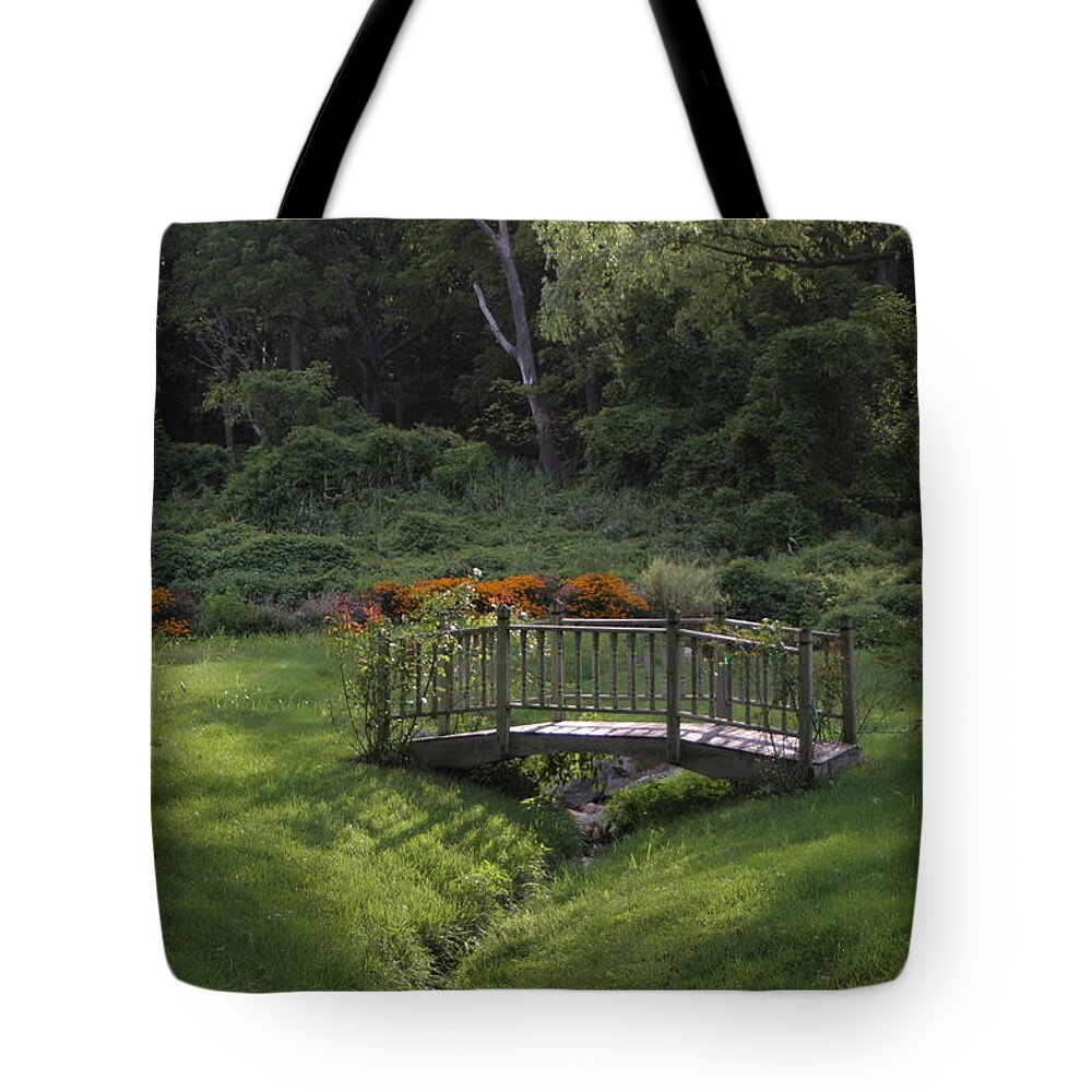Nature Tote Bag featuring the photograph Bridge to Tranquility by Karen Silvestri