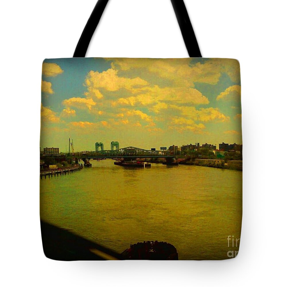 New York Tote Bag featuring the photograph Bridge with Puffy Clouds by Miriam Danar