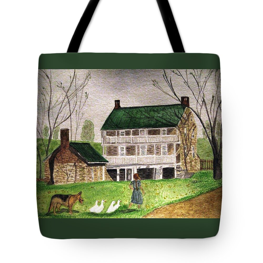 Farms Tote Bag featuring the painting Bringing Home The Ducks by Angela Davies