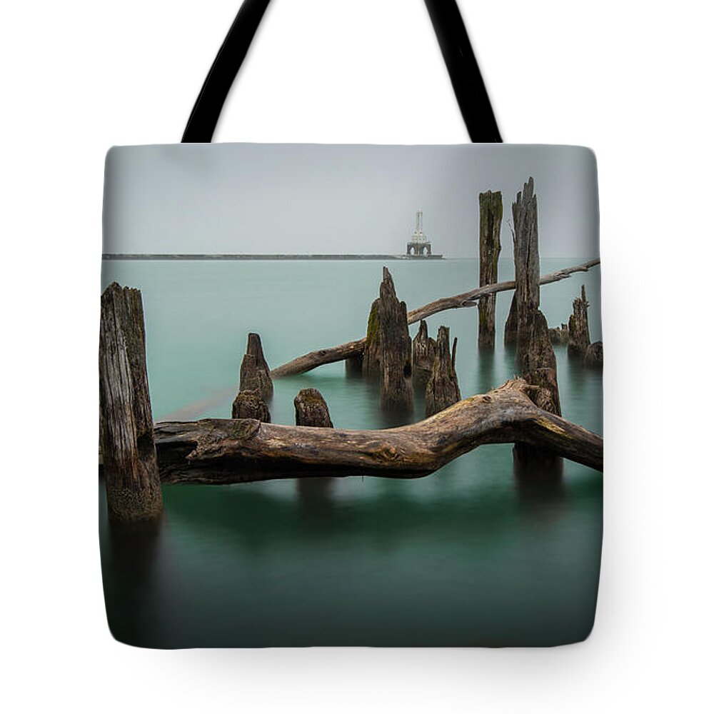 Port Washington Wisconsin Lake Michigan Long Exposure Pilings Lighthouse Morning Tote Bag featuring the photograph Points of Port by Josh Eral