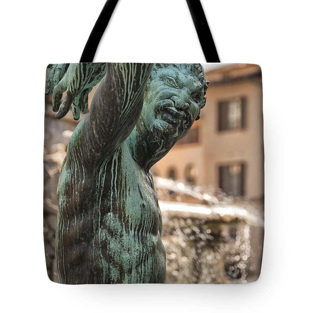Aggression Tote Bag featuring the photograph Bronze Satyr in the Statue of Neptune by Melany Sarafis