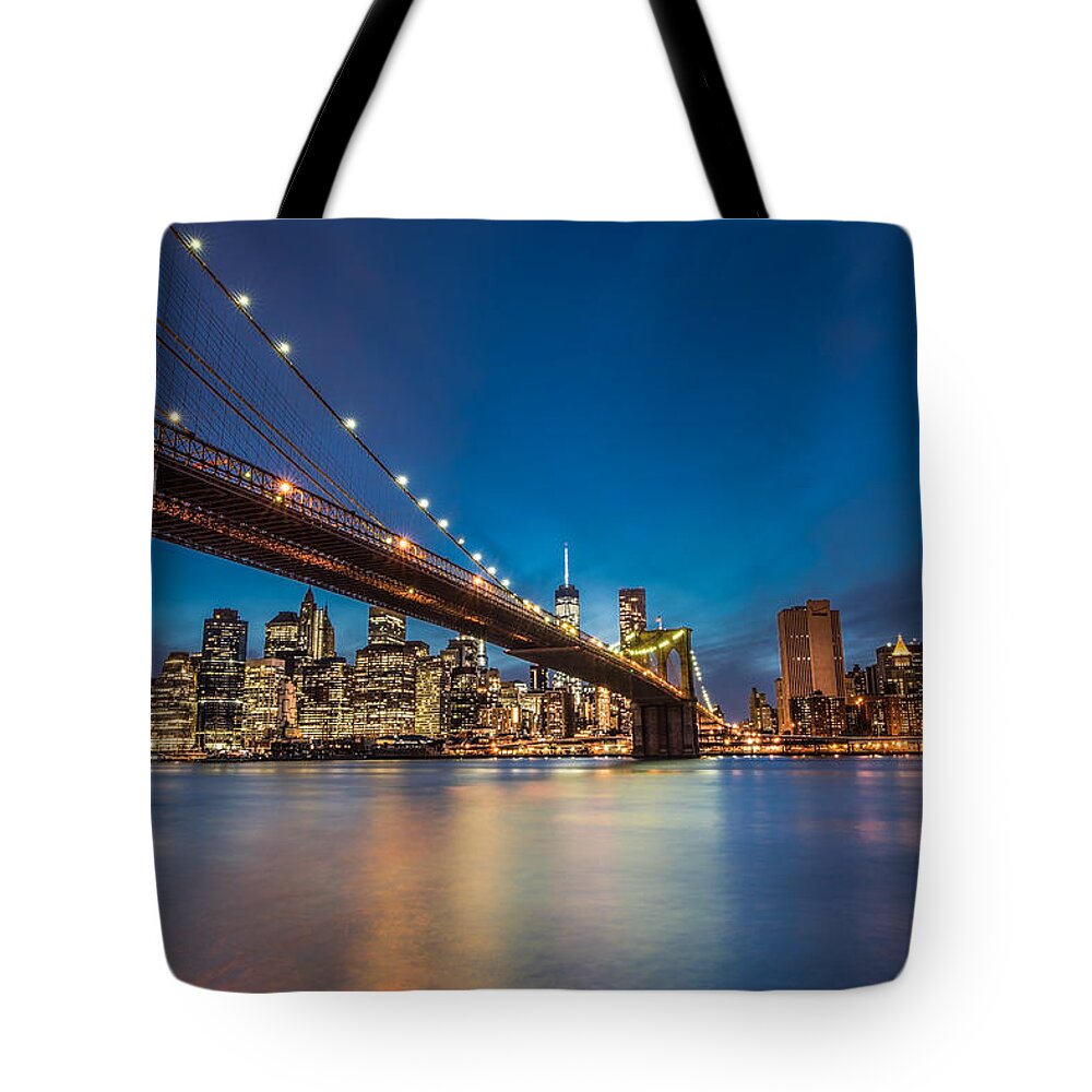 Cityscape Tote Bag featuring the photograph Brooklyn Bridge - Manhattan Skyline by Larry Marshall