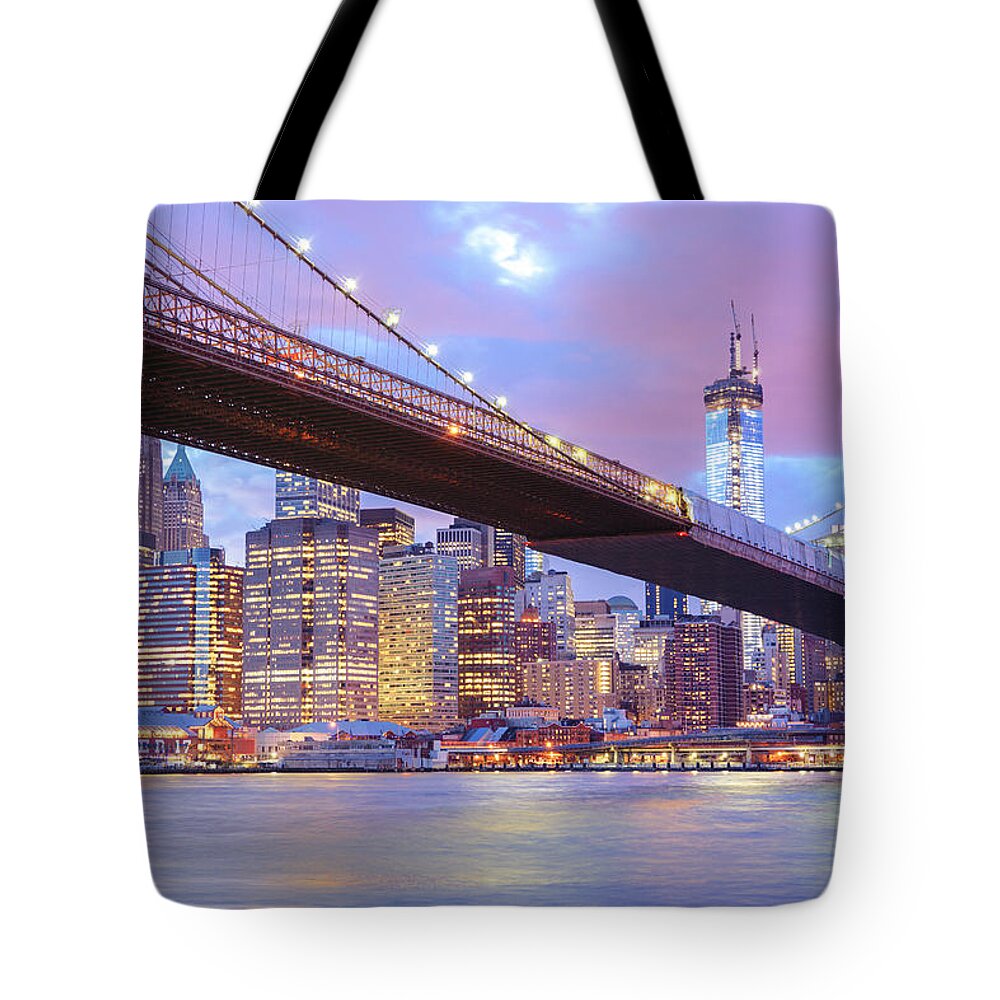Nyc Tote Bag featuring the photograph Brooklyn Bridge and New York City Skyscrapers by Vivienne Gucwa