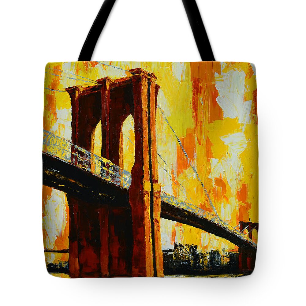 Landmark Brooklyn Bridge New York City Iconic Structures Tote Bag featuring the painting Brooklyn Bridge Landmark by Patricia Awapara