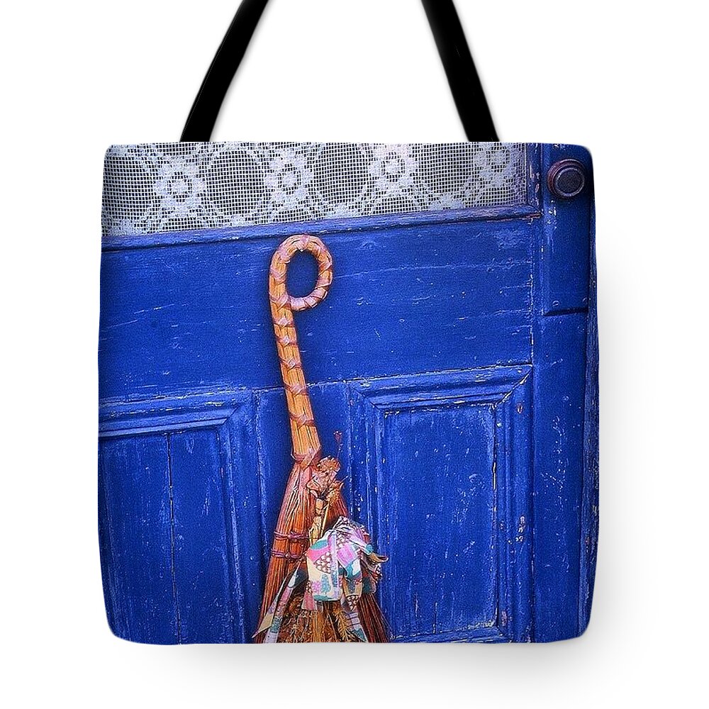 Blue Tote Bag featuring the photograph Broom on Blue Door by Rodney Lee Williams