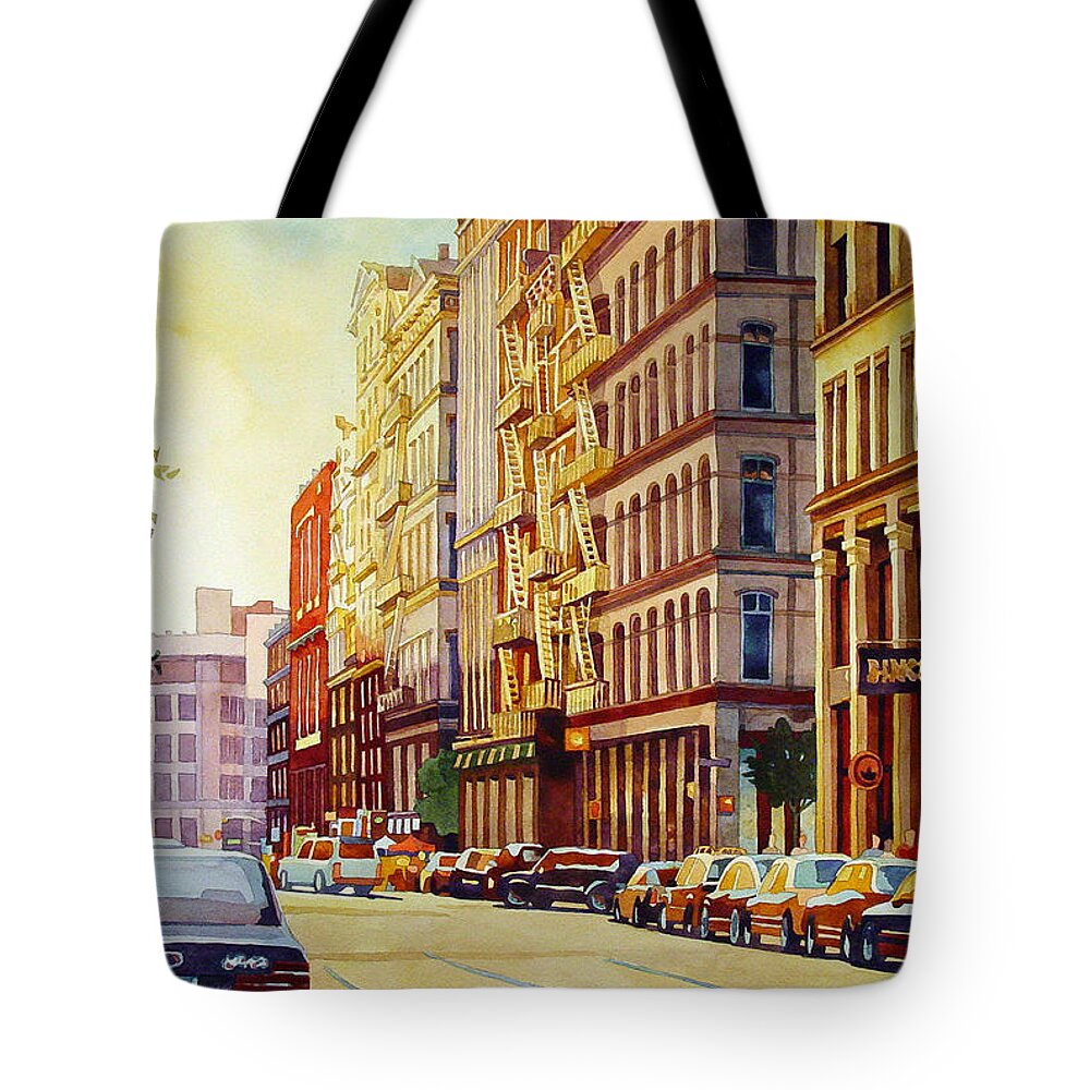 Watercolor Tote Bag featuring the painting Brownstone Sunset by Mick Williams