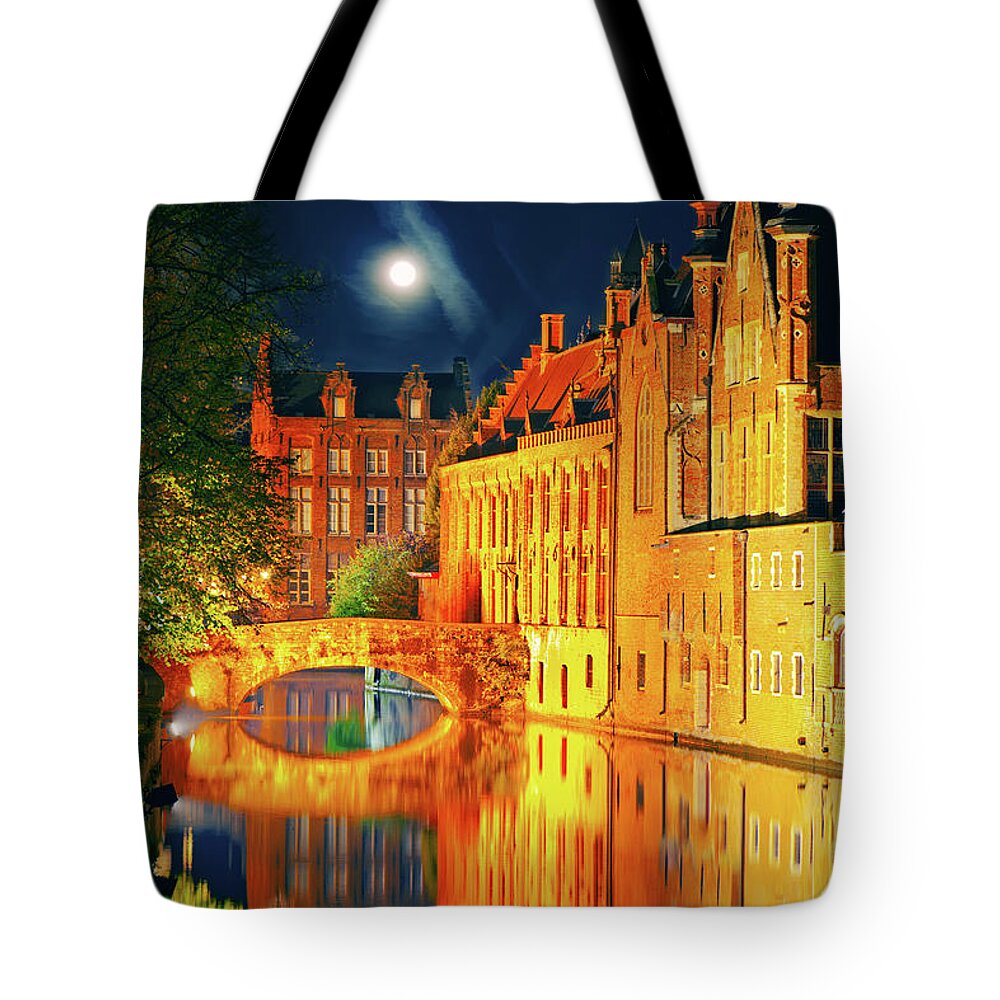 Gothic Style Tote Bag featuring the photograph Bruges In Night by Artmarie