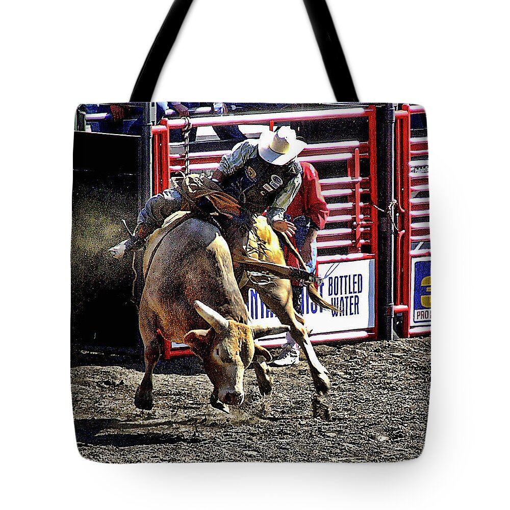 Bull Tote Bag featuring the photograph Buckin Bull by Ron Roberts