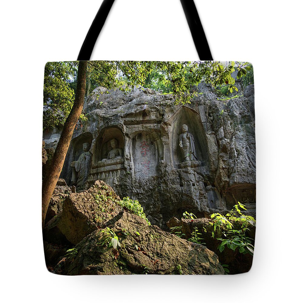 Tranquility Tote Bag featuring the photograph Buddhism Rocks Ling2yin4 Monastery by Andy Brandl