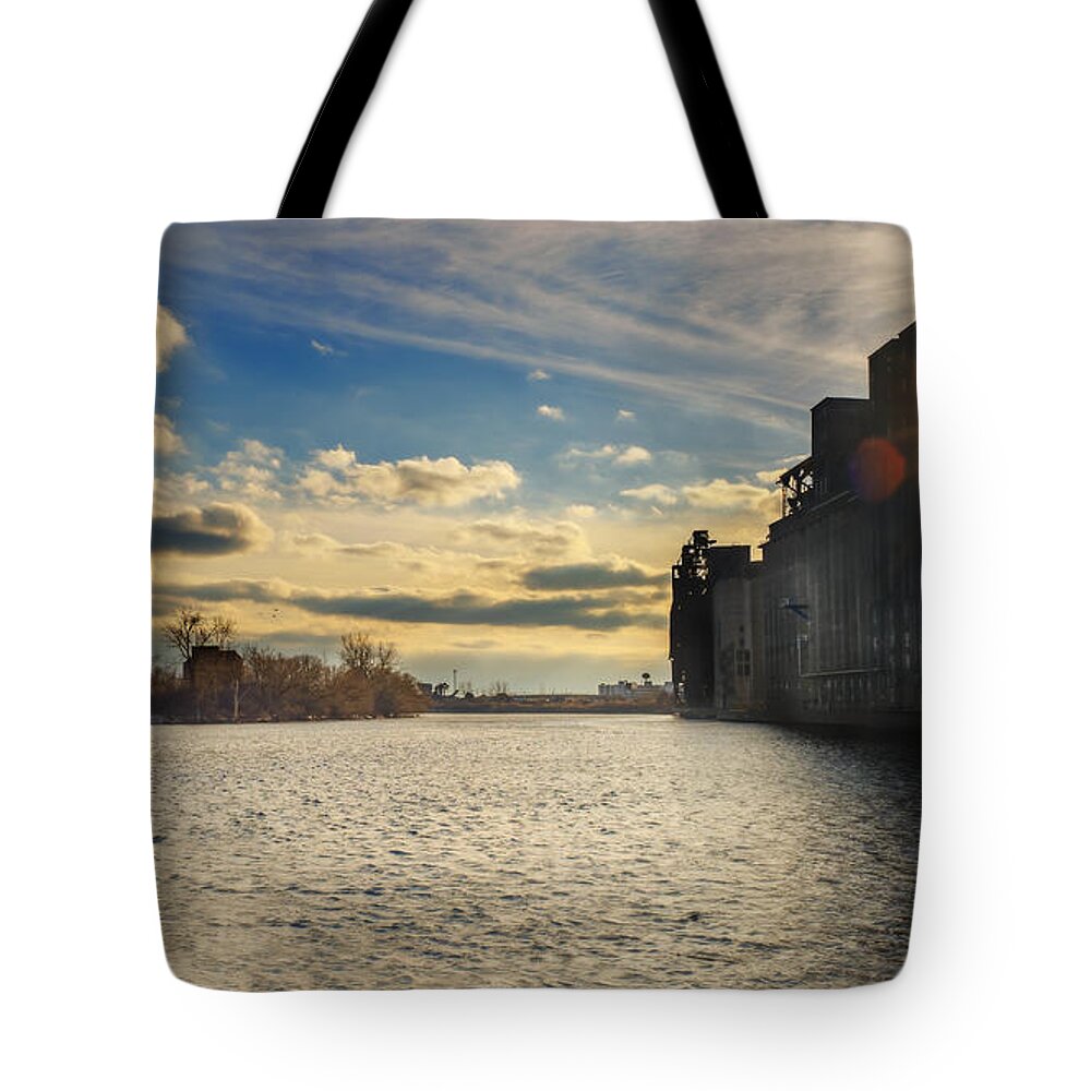 Childs Street Tote Bag featuring the photograph Buffalo River Tugs under a setting sun by Chris Bordeleau