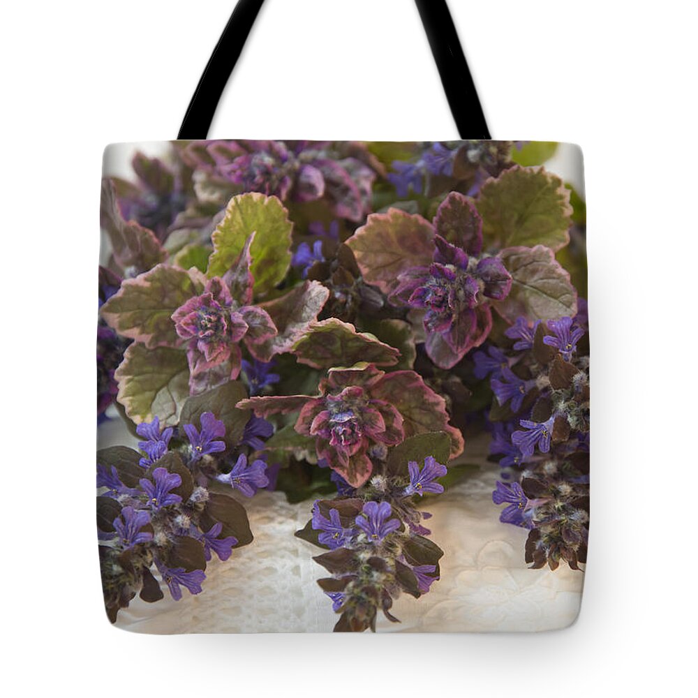 Bugleweed Blossoms Tote Bag featuring the photograph Buglweed Blossoms And Leaves On Lace by Sandra Foster