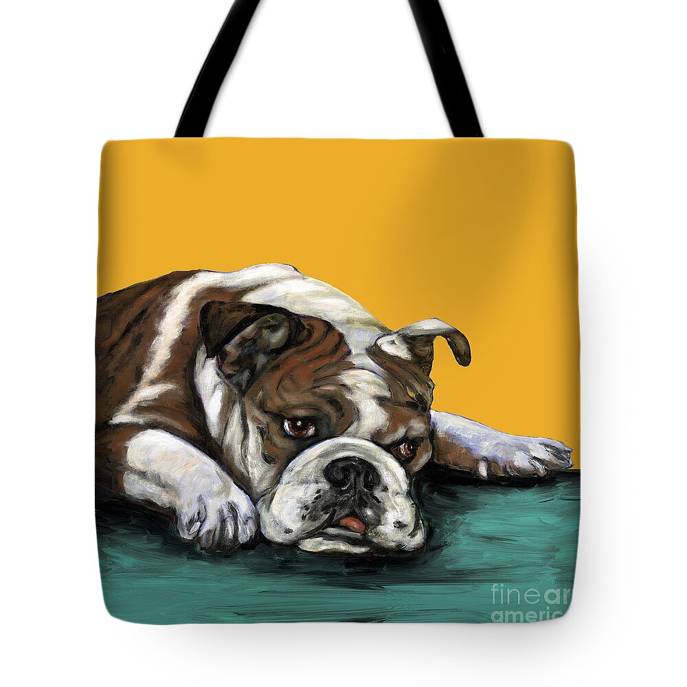 Bull Dog Tote Bag featuring the painting Bulldog On Yellow by Dale Moses